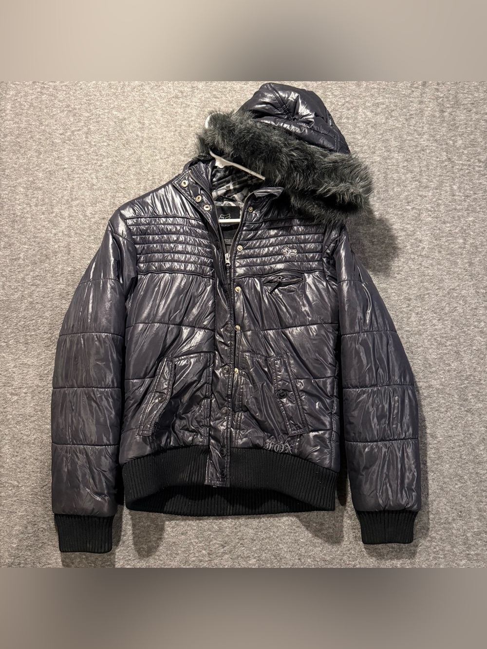 Fox Racing Vtg Y2k Puffer Jacket Coat Womens L Black Zip Up Fur Hood Lined Short